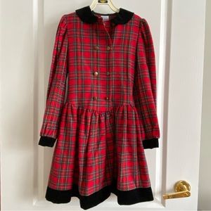 Vintage red plaid dress with black velvet - UK made